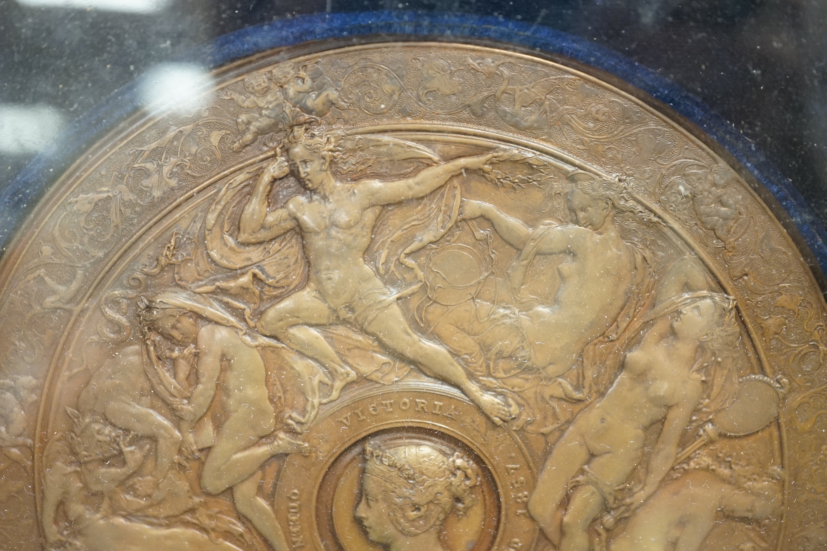 Antoine Vechte (1799-1868), art commemorative medal awarded 1860, for success in the National Art Competition, mounted in gilt frame, 25.5cm x 25.5cm